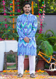 Men's Blue Ikkat Print Cotton Kurta - CuddlesClothing