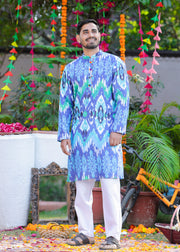 Men's Blue Ikkat Print Cotton Kurta - CuddlesClothing