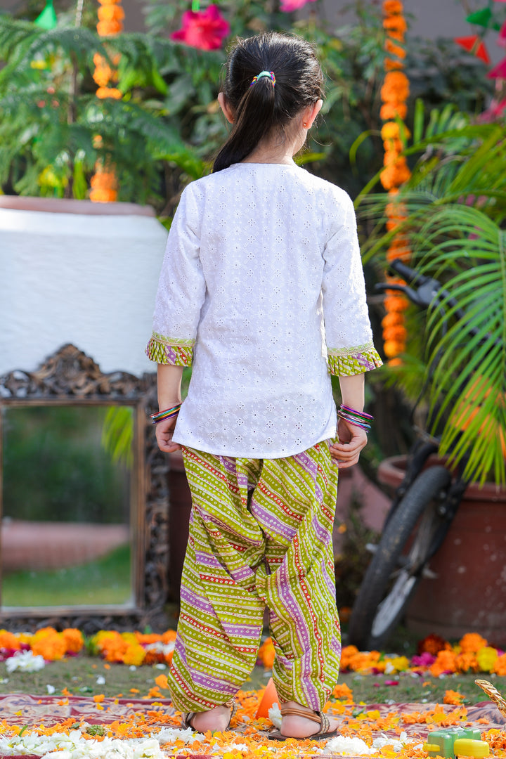 Girls' White Chikankari Kurta & Green Leheriya Dhoti Set - CuddlesClothing