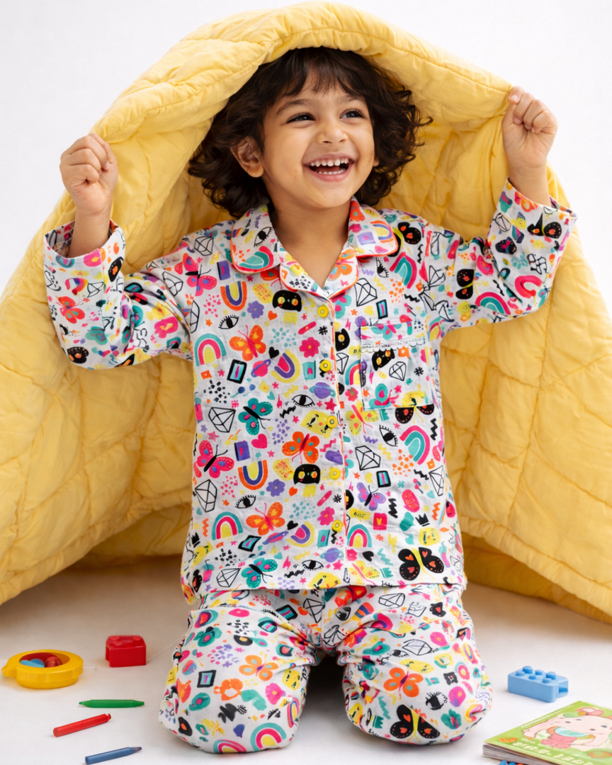 Kids Colorful Doodle Print Cotton Nightsuit - CuddlesClothing