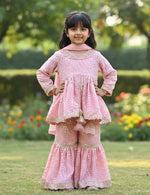 Load image into Gallery viewer, Pink Mirror Work Georgette Sharara Set with Dupatta for Girls - CuddlesClothing