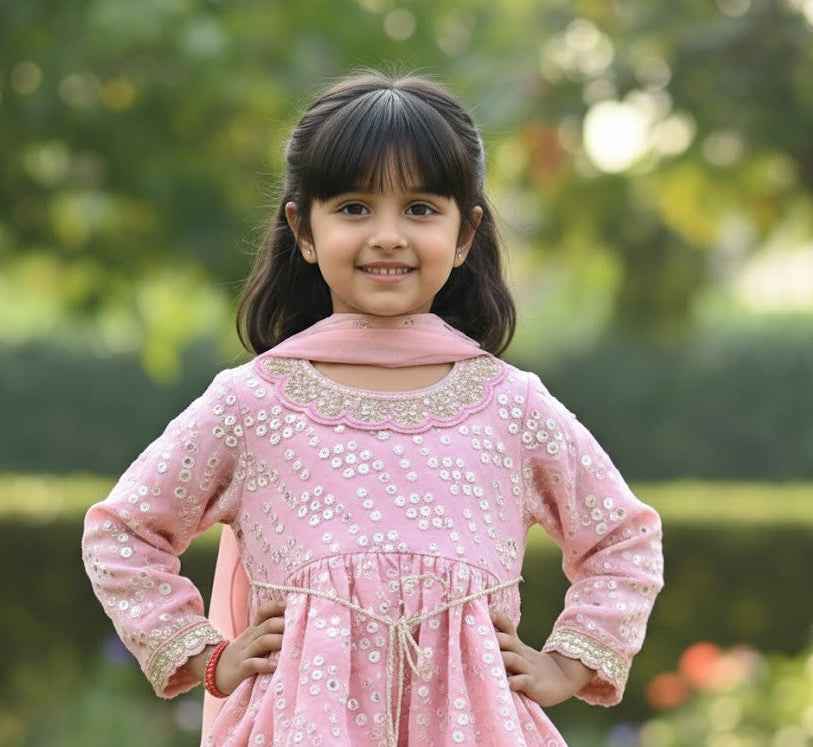 Pink Mirror Work Georgette Sharara Set with Dupatta for Girls - CuddlesClothing