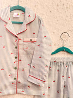 Load image into Gallery viewer, Girls' Cherry &amp; Stripe Cotton Nightsuit - CuddlesClothing