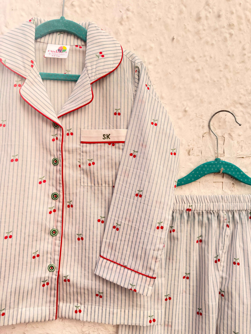 Girls' Cherry & Stripe Cotton Nightsuit - CuddlesClothing
