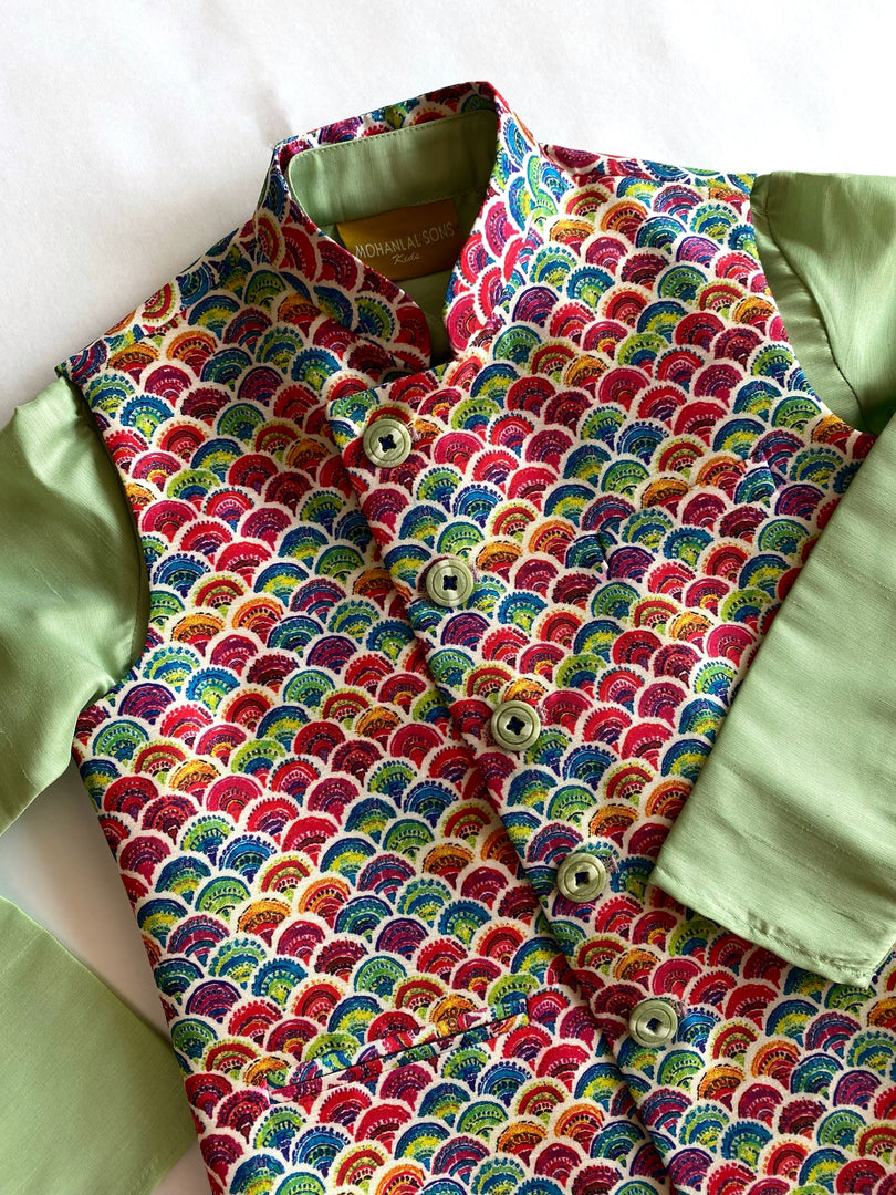 Boys Sage Green Nehru Jacket & Scallop Print Kurta Set - CuddlesClothing