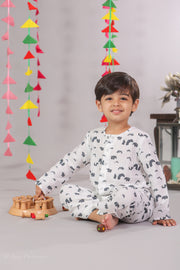 Kids White Muslin Nightsuit with Anteater Print - CuddlesClothing