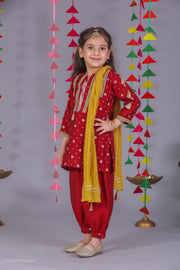 Girls Deep Red Silk Block Print Kurta & Salwar Set - CuddlesClothing