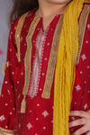Embroidered Red Block Print Cotton Silk Kurta Set with Tassel Detailing