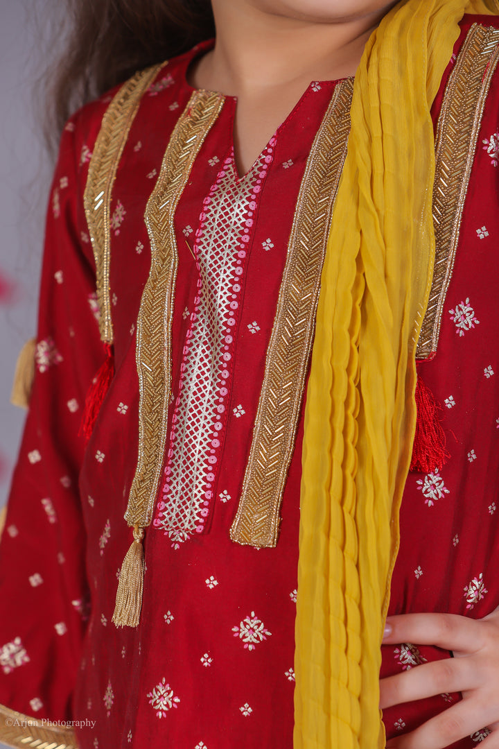 Girls Deep Red Silk Block Print Kurta & Salwar Set - CuddlesClothing