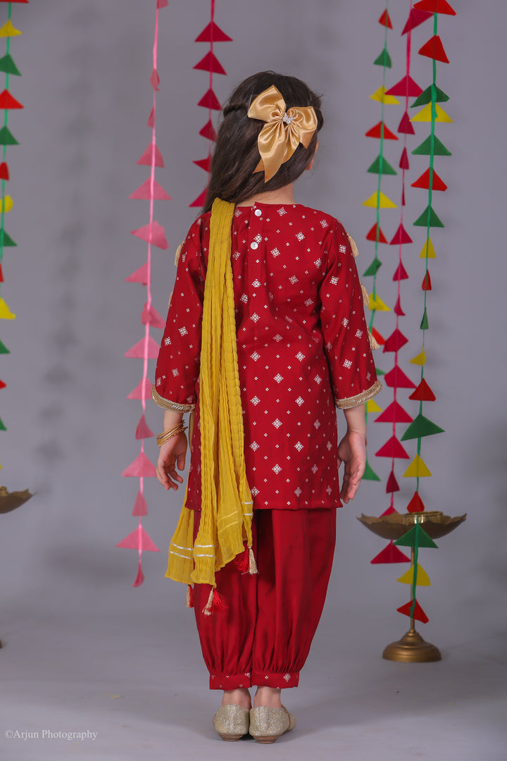 Girls Deep Red Silk Block Print Kurta & Salwar Set - CuddlesClothing