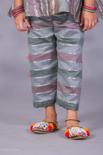 Load image into Gallery viewer, Girls Grey Metallic Silk Striped Peplum Top and Pant Set - CuddlesClothing