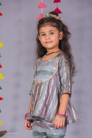 Girls Grey Metallic Silk Striped Peplum Top and Pant Set - CuddlesClothing