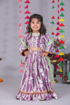 Purple Peacock & Floral Print Lehenga for Girls