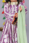 Purple Peacock & Floral Print Lehenga for Girls