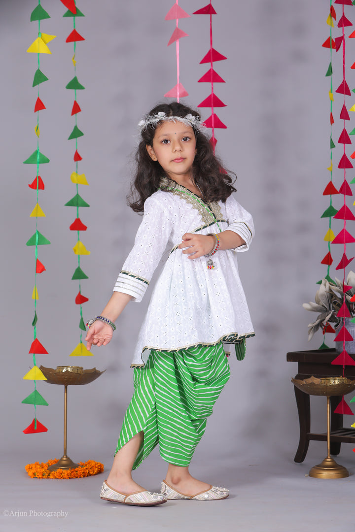 Girls White Chikankari Peplum with Green Leheriya Dhoti - CuddlesClothing