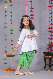 Girls White Chikankari Peplum with Green Leheriya Dhoti - CuddlesClothing