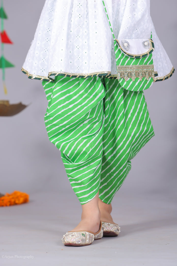 Girls White Chikankari Peplum with Green Leheriya Dhoti - CuddlesClothing
