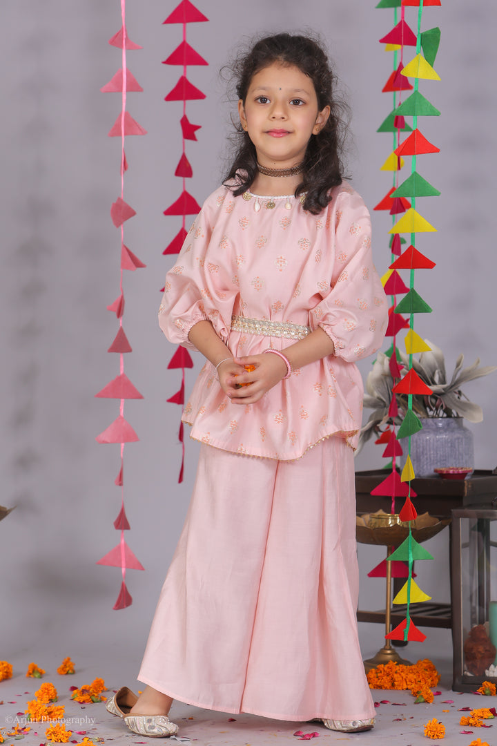Girls Pink Cotton Silk Block Print Co-ord Set - CuddlesClothing
