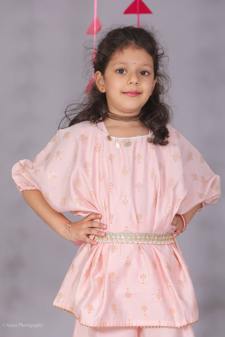 Girls Pink Cotton Silk Block Print Co-ord Set - CuddlesClothing