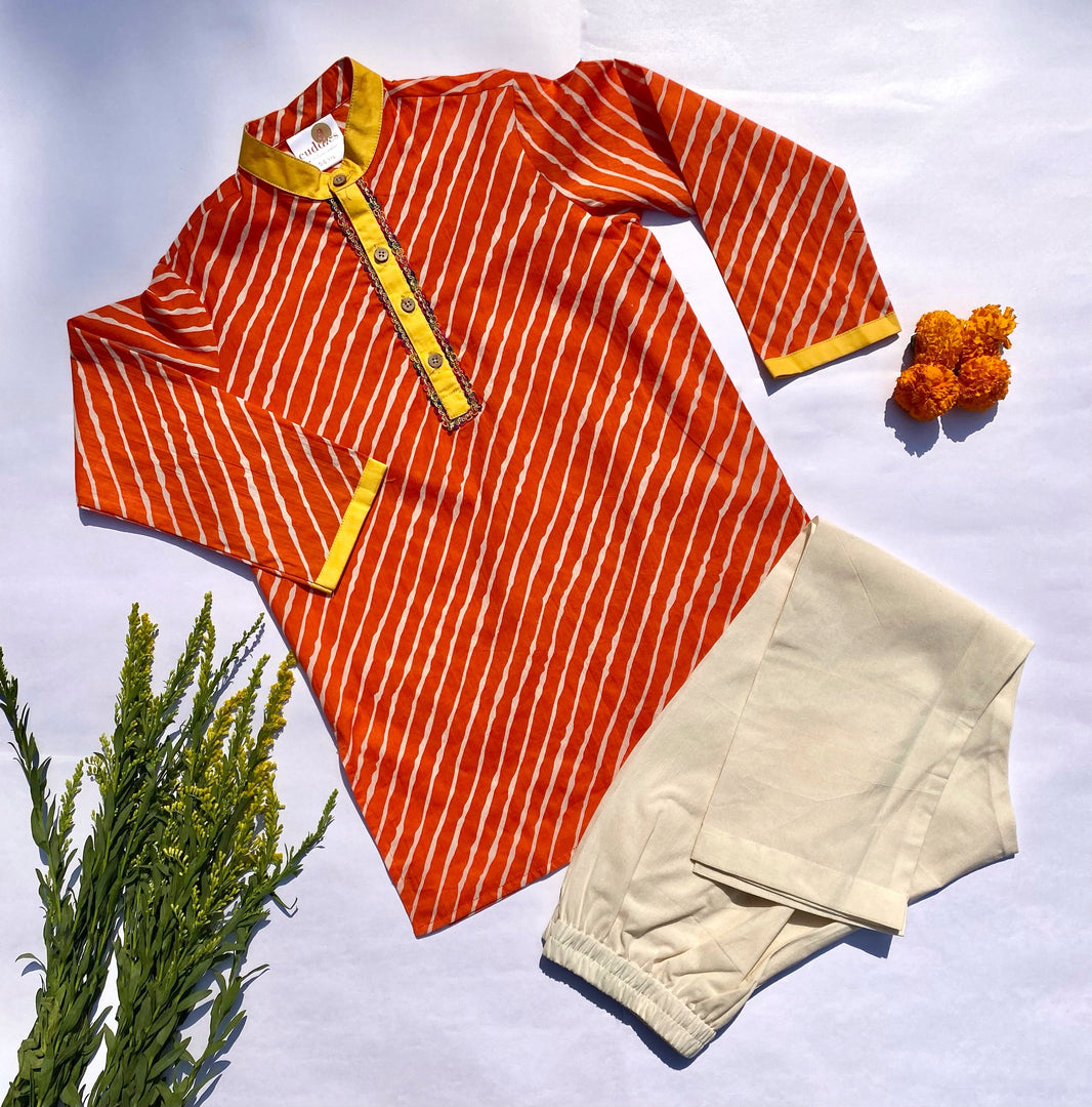 Boys Cotton Orange Leheriya Print Festive Kurta Set - CuddlesClothing