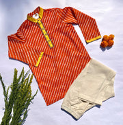 Boys Cotton Orange Leheriya Print Festive Kurta Set - CuddlesClothing