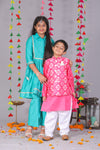 Pink Silk Jacket Set with Chanderi Kurta & White Pajama