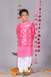 Pink Silk Jacket Set with Chanderi Kurta & White Pajama - CuddlesClothing
