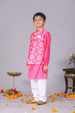 Load image into Gallery viewer, Pink Silk Jacket Set with Chanderi Kurta &amp; White Pajama - CuddlesClothing