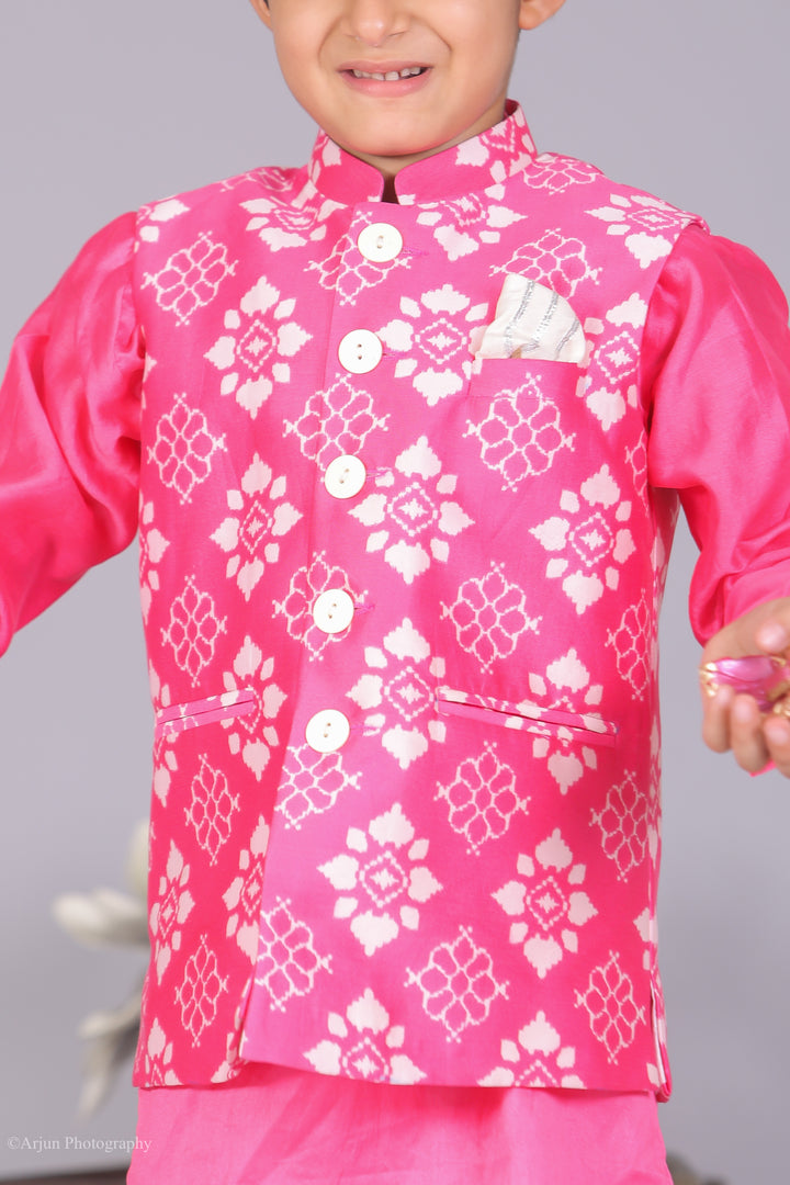 Pink Silk Jacket Set with Chanderi Kurta & White Pajama - CuddlesClothing