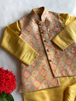 Load image into Gallery viewer, Boys Yellow Kurta Pajama &amp; Embroidered Nehru Jacket Set - CuddlesClothing