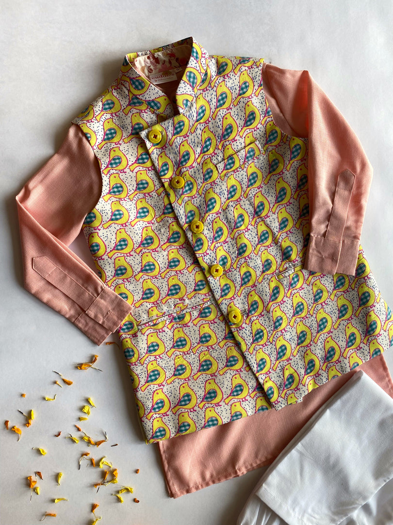 Boys Bird Print Nehru Jacket & Peach Kurta Set - CuddlesClothing