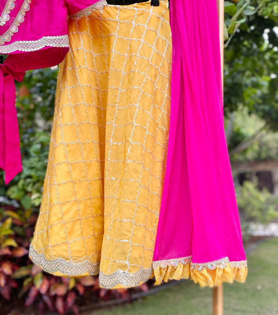 Girls Silk Pink & Yellow Festive Lehenga Choli Set - CuddlesClothing