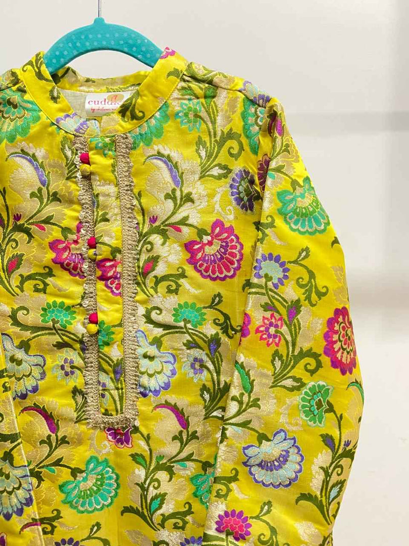Yellow Banarasi Silk Boys Kurta Pajama Set with Ivory Pajamas - CuddlesClothing