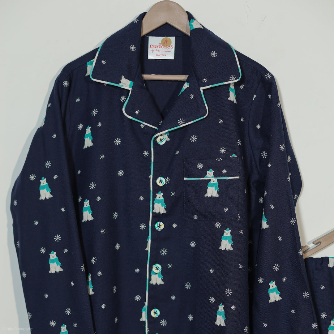 Navy Polar Bear Print Kids Flannel Nightsuit - CuddlesClothing