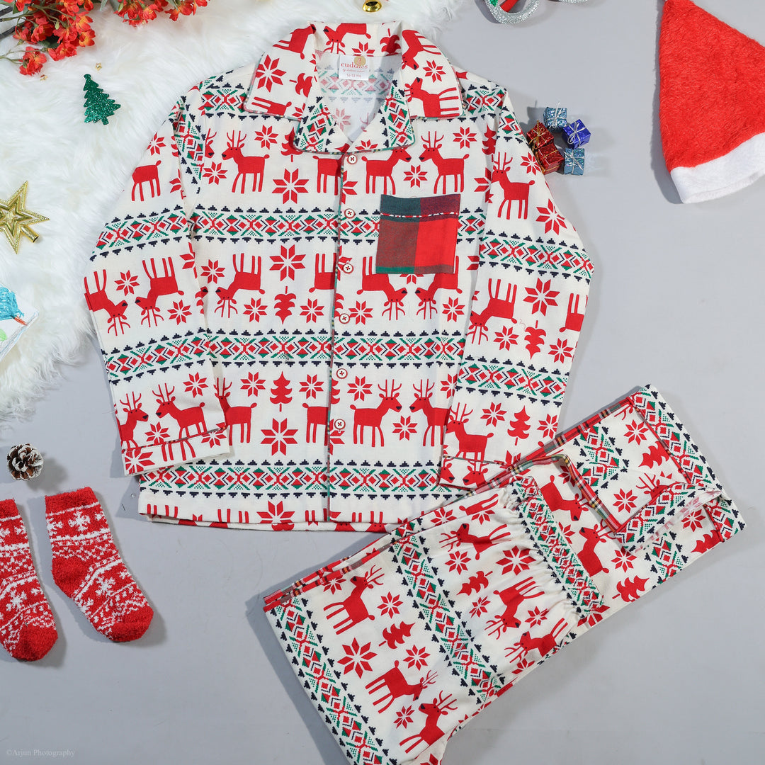 Reindeer Print Kids Flannel Nightsuit - CuddlesClothing