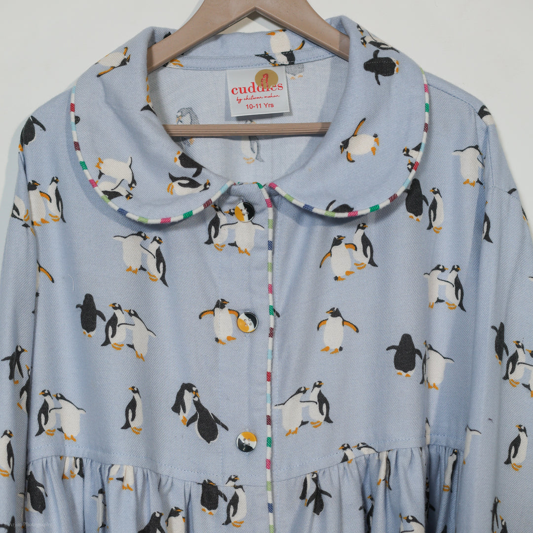 Girls Light Blue Penguin Flannel Nightsuit Set - CuddlesClothing