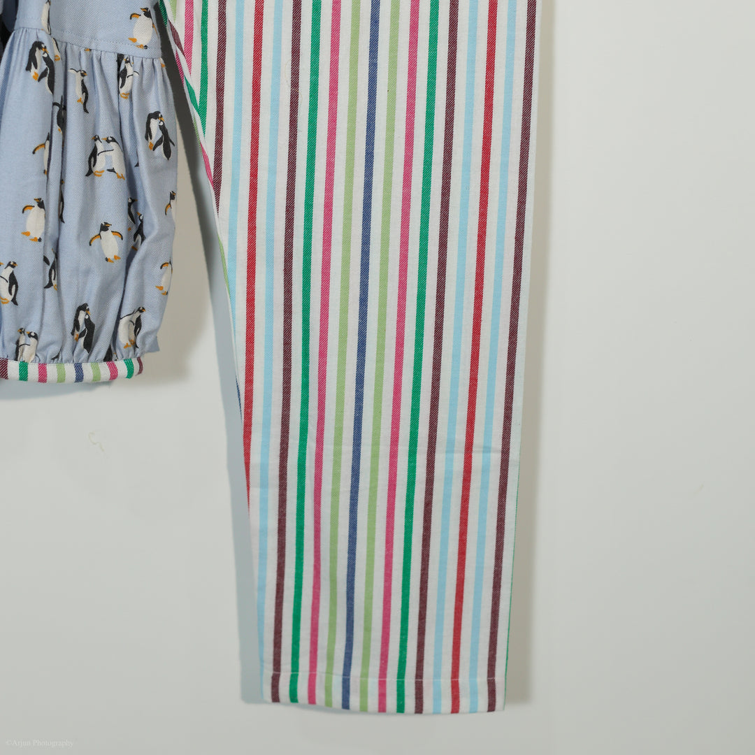 Girls Light Blue Penguin Flannel Nightsuit Set - CuddlesClothing