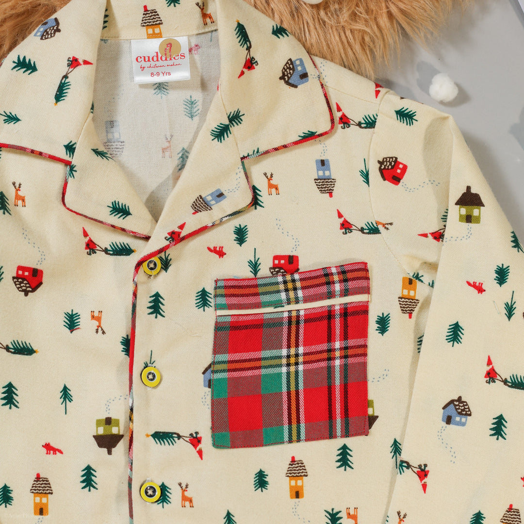 Winter Village Print Kids Flannel Nightsuit - CuddlesClothing