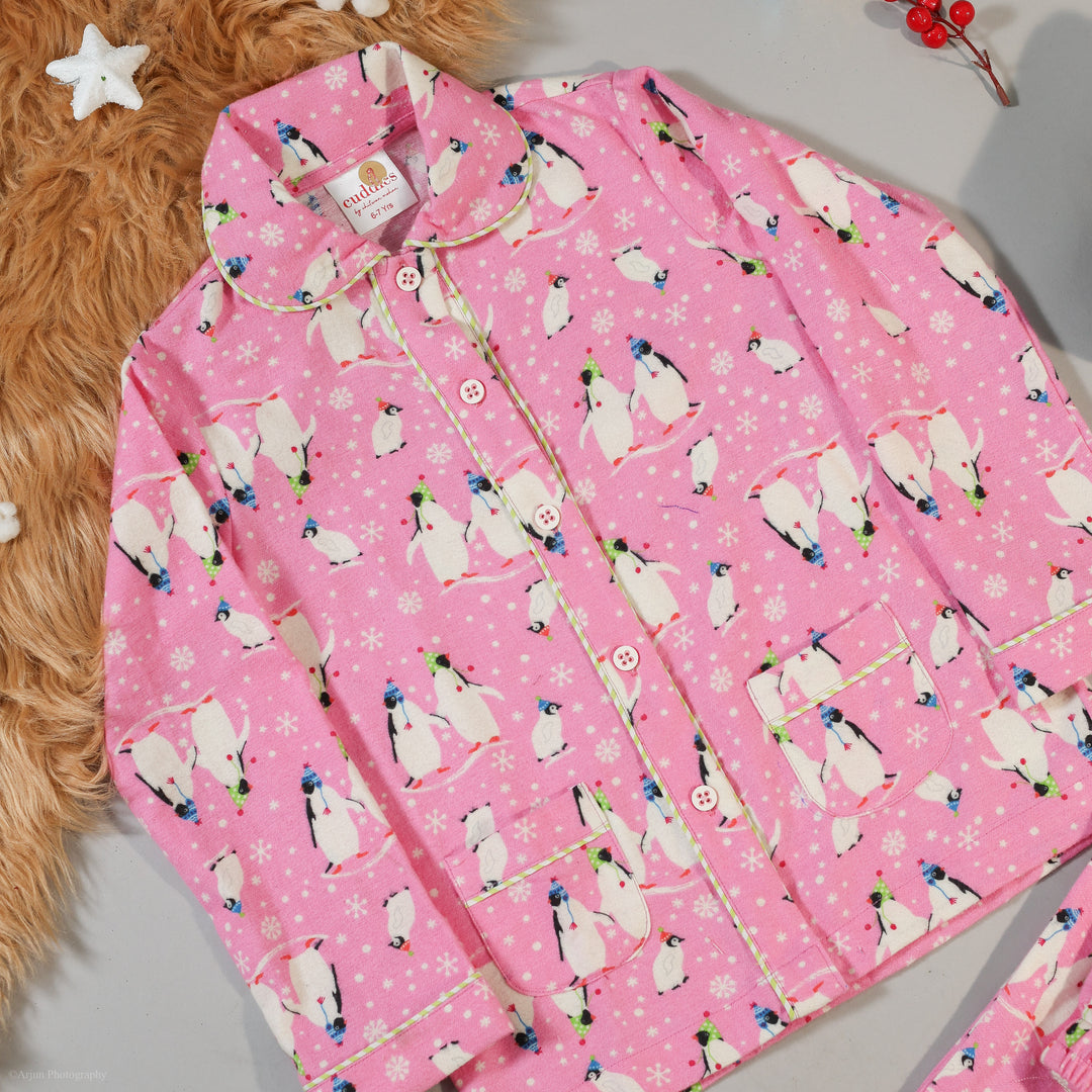 Pink Penguin Print Flannel Nightsuit for Kids - CuddlesClothing