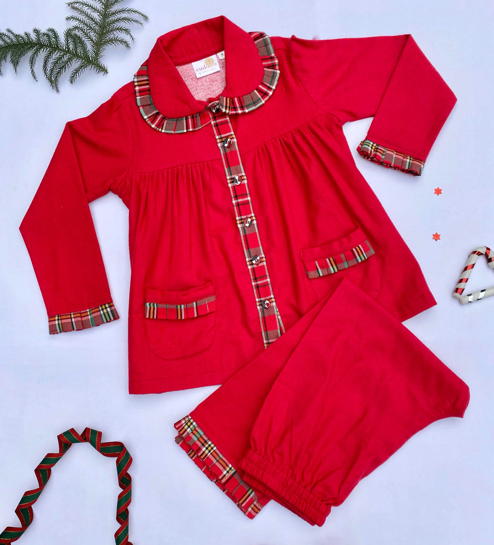 Girls Red Frock Style Flannel Nightsuit - CuddlesClothing