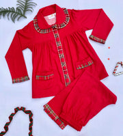 Girls Red Frock Style Flannel Nightsuit - CuddlesClothing