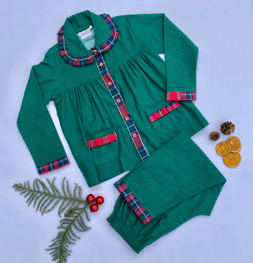 Girls Green Frock Style Flannel Nightsuit - CuddlesClothing