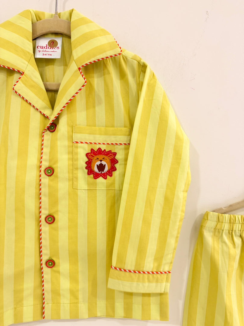 Yellow Stripe Cotton Kids Nightsuit with Lion Patch