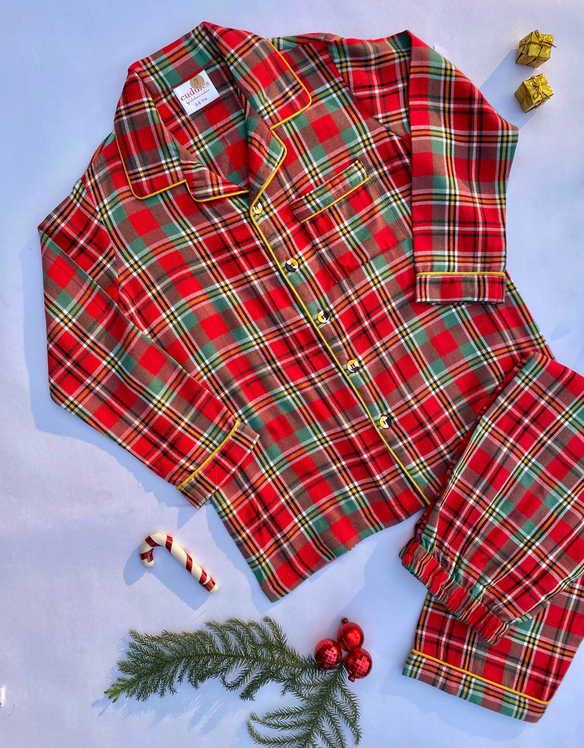 Red Plaid Kids Flannel Nightsuit - CuddlesClothing