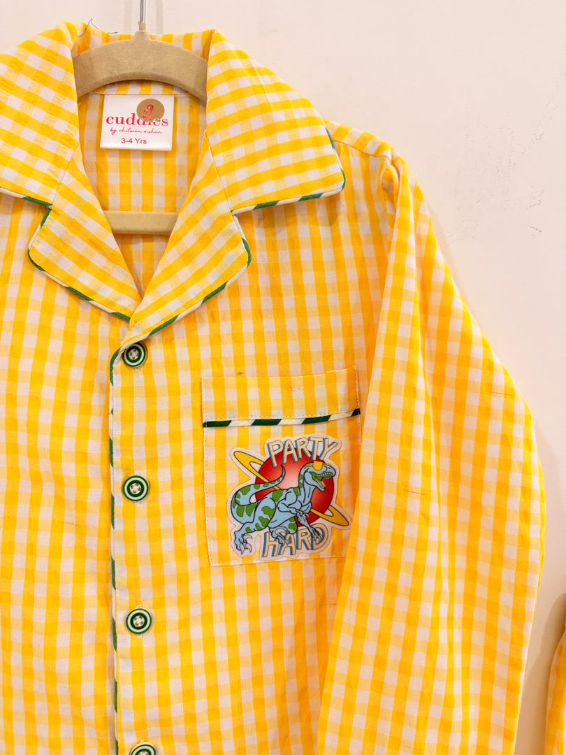 Yellow Check Cotton Kids Nightsuit with Fun Patch - CuddlesClothing