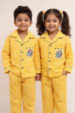 Load image into Gallery viewer, Yellow Check Cotton Kids Nightsuit with Fun Patch - CuddlesClothing