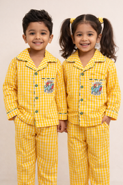 Yellow Check Cotton Kids Nightsuit with Fun Patch - CuddlesClothing