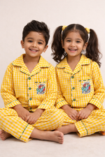 Load image into Gallery viewer, Yellow Check Cotton Kids Nightsuit with Fun Patch - CuddlesClothing