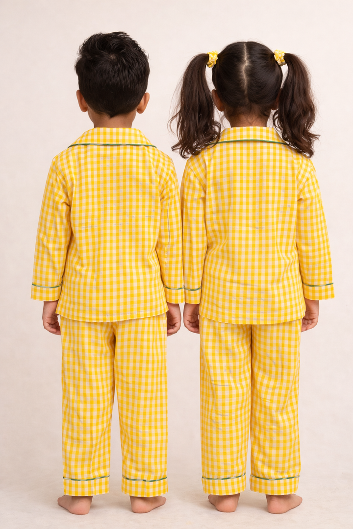 Yellow Check Cotton Kids Nightsuit with Fun Patch - CuddlesClothing
