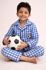 Load image into Gallery viewer, Blue Check Cotton Kids Nightsuit with Football Patch